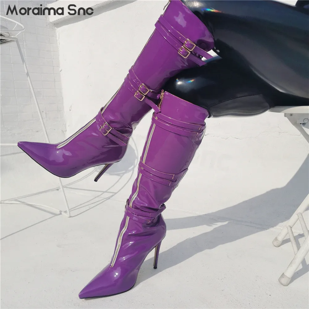 Purple Patent Leather Pointed-Toe Boots Stiletto High-Heeled Belt Buckle Middle Zipper Large Size Women's Knee-High Boots