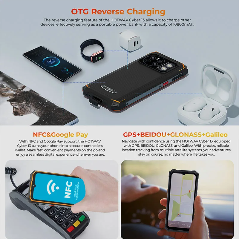 NEW Hotwav Cyber 13 Smartphone Android 14 8GB+128GB 10800mAh Smartphone 16MP+64MP Camera Camping Light 6.6" HD NFC Cellphones 6