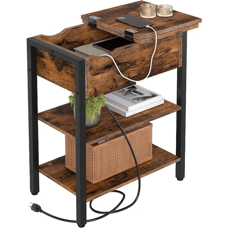 

Side Table, Flip End Table with Charging Station and Shelves, USB Ports & Power Outlets, Narrow Nightstand for Small Spaces