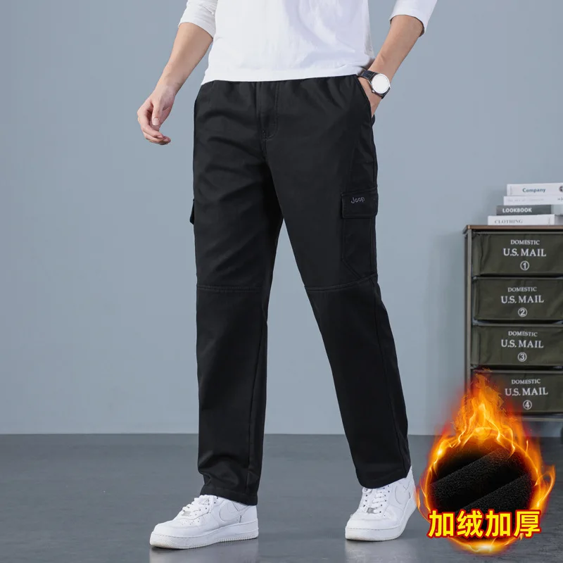 

Overalls Men's Cotton Winter Fleece-lined Thickened Casual Pants Men's plus Size Loose Straight Elastic Waist Sports trousers