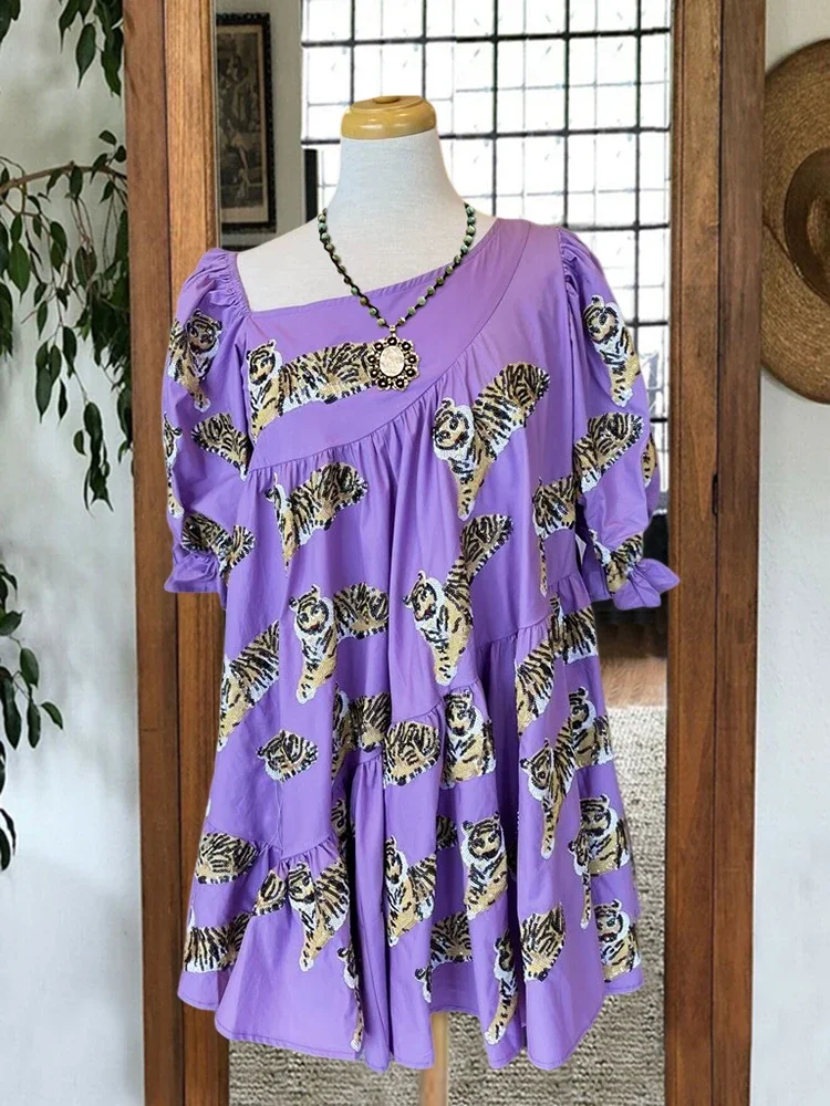 

Tiger Print Tiered Dress Women's 2023 Floral Summer Short Dress Square Neck Short Sleeve Tiered Ruffle Boho Swing Dresses