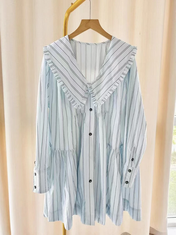 

Women Striped Doll Collar Long-sleeved Loose Dress 2023 Spring and Summer New Style