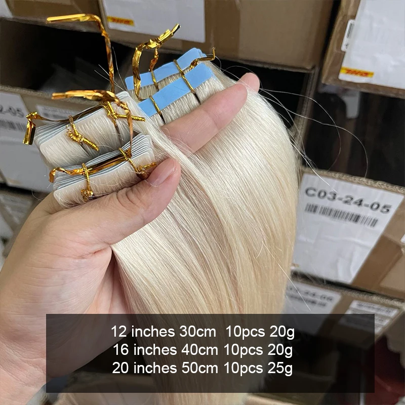 60# Invisible PU Skin Tape In Hair Extensions 12 16 20 22 inches Natural Blonde Tape Human Hair Extension 10pcs/pack