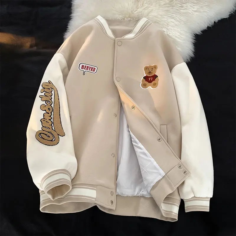 Women's Y2k Spring Autumn Bear Embroidered Baseball Jacket Hip-hop College Jacket Women Casual Jacket Fashion Bomber Coat Vestes