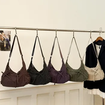 Borsa a Tracolla Casual a Quadri con Fiocco, Tasche Multiple, Grande Capacità, in Nylon, Leggera, Stile Hobo per Ragazze