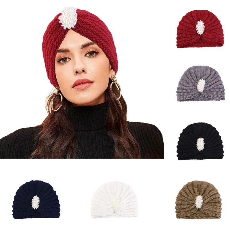 

Модные женские зимние теплые шапки с жемчугом и бриллиантами, аксессуары, шерстяная теплая вязаная шапка, головной убор, мусульманская шапка, хиджаб, тюрбан, крышка шляпы