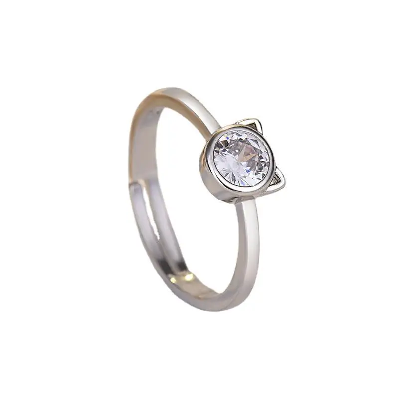 Silver Stainless Steel CZ Cat Rings for Women Personality Cute Cat Open Ring Creative Jewelry Party Gift