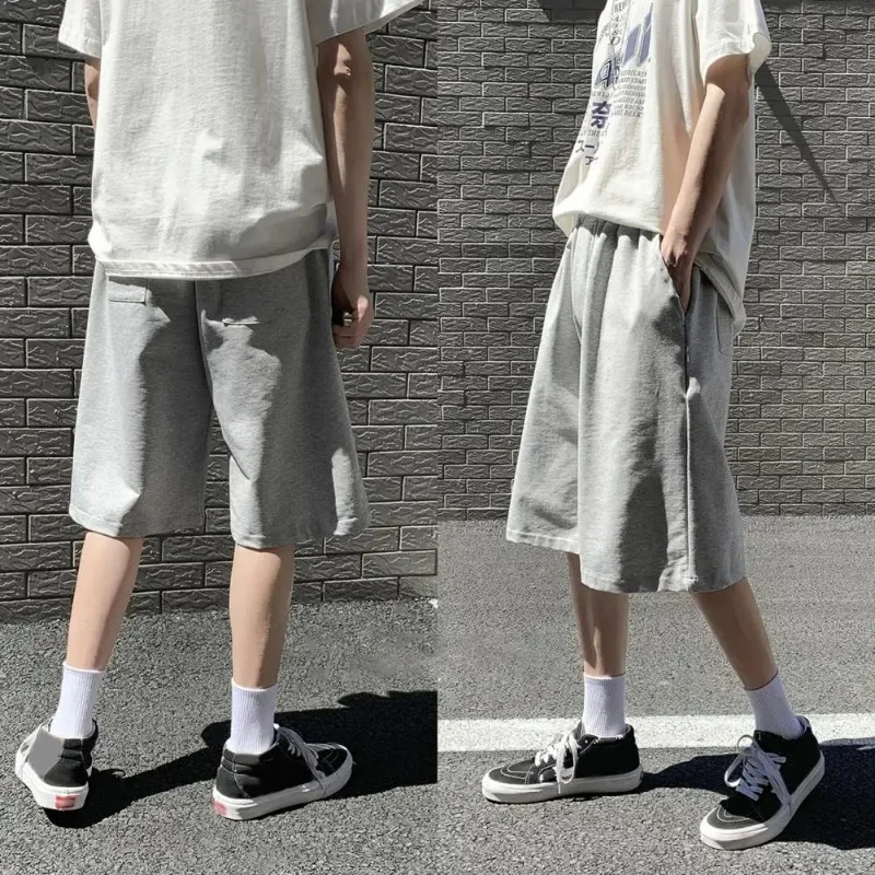 2024 New Men Baggy Sweatpants Shorts Straight Wide Casual Elastic Waist Black Gray Jogging Male Knee Length Short Pants 1