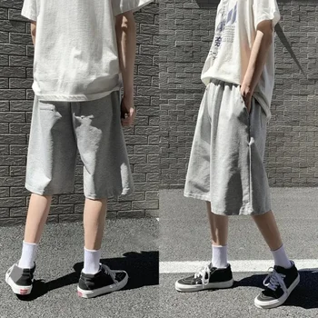 2024 New Men Baggy Sweatpants Shorts Straight Wide Casual Elastic Waist Black Gray Jogging Male Knee Length Short Pants 1