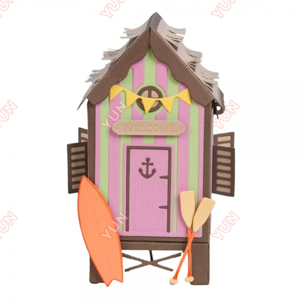 2025 새로운 다이 및 스탬프 파라다이스 비치 오두막 선물 상자 다이 세트 우표 DIY Scrapbooking 인사말 카드 장식 수제 금형