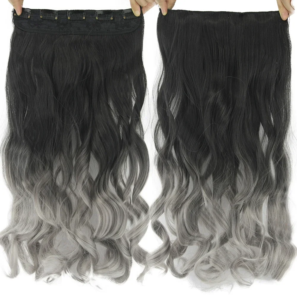 Black To Gray Ombre Curly Synthetic Hair Clip In Hair Extensions Hairpiece Clip-in One Piece Hair Accessories for Women_voghion.com