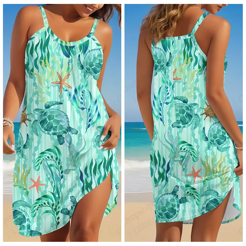 Elegant Sleeveless Mini Dress - Summer Beach Bohemian Sea Turtle Print