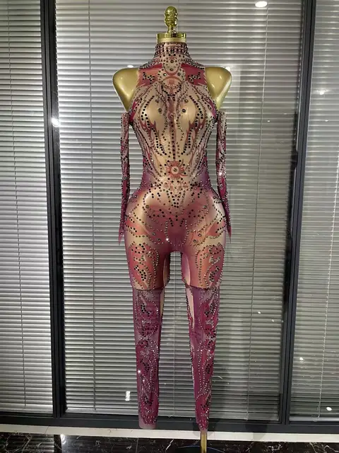 Women Sparkly Diamond Sexy Mesh Jumpsuit Nightclub Bar Evening Party Show Gogo Dancer Clothing Drag Queen Outfit Stage Costume