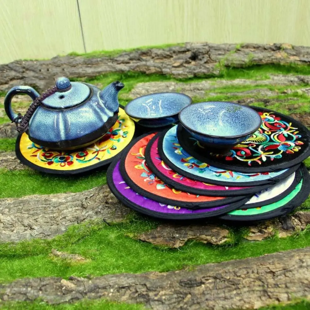 Cloth Chinese Embroidery Insulation Pad Tableware Mat Ethnic Round Coaster Anti-Skid Anti-Stain Teacup Placemats Table