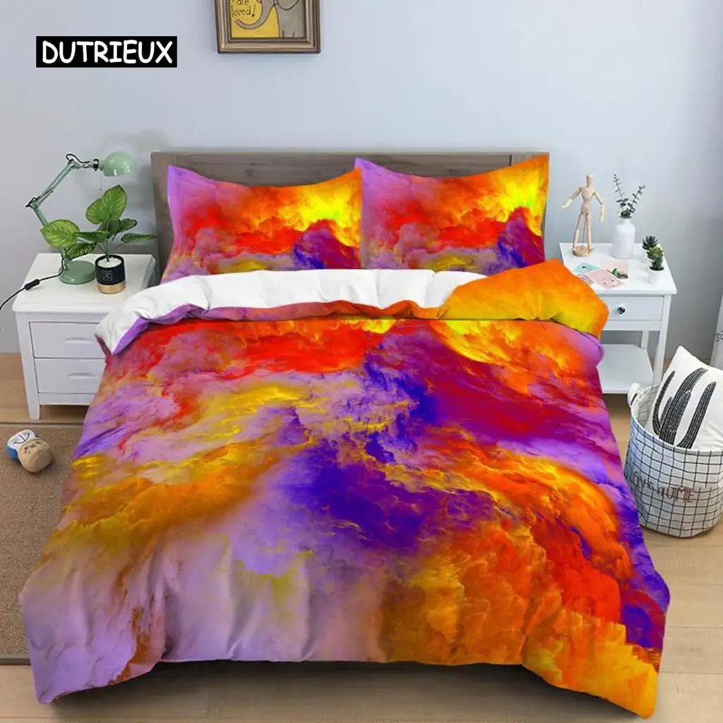 

Colorful Cloud Duvet Cover Polyester Orange Yellow Purple Cloud Sky Quilt Cover for Teens Girls Abstract Theme Soft Bedding Set