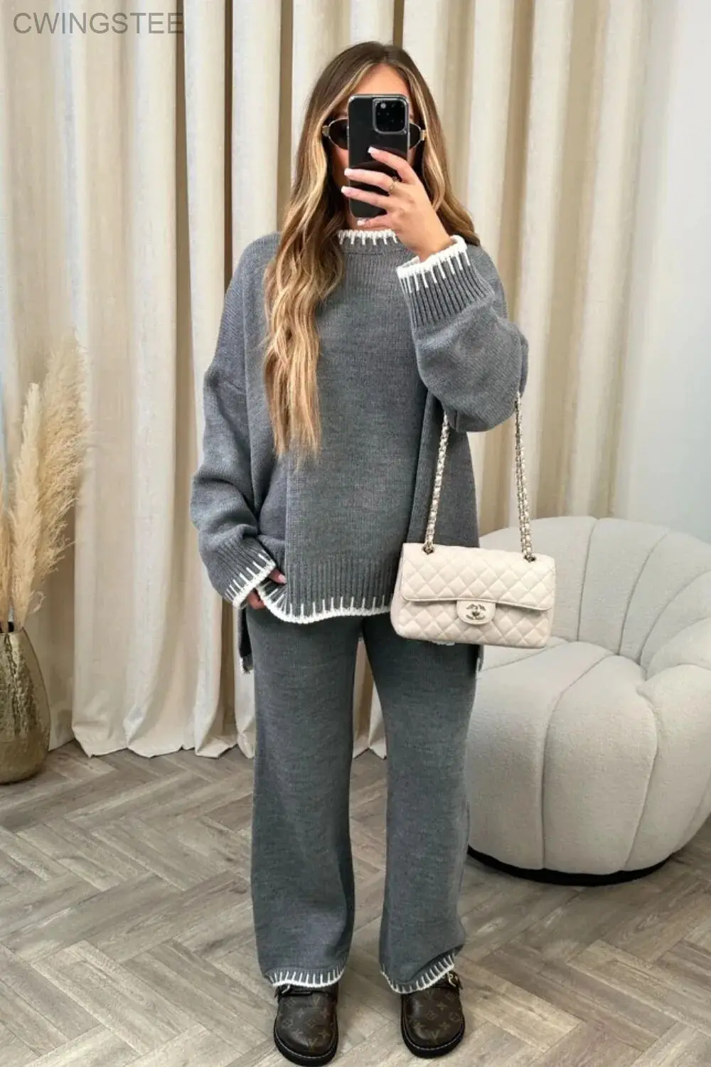 

Striped Elegant Women Knitted Home Suit Split Sweater Top Elastic High Waist Straight Pants 2 Pieces Set Female Autumn Winter