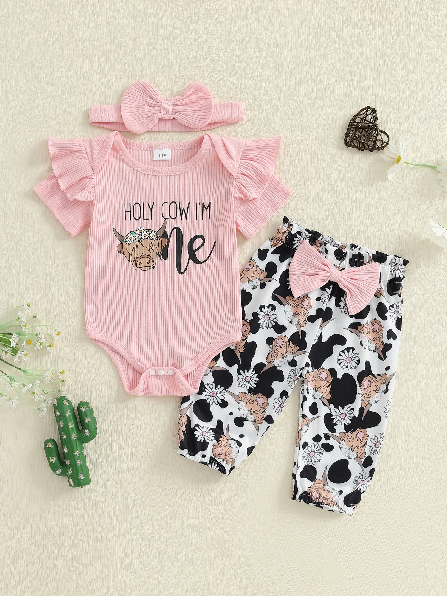 Description Picture 4 of itemBaby Girls 3PCS Pants Sets Short Sleeve Letter Print Romper Cattle Head Print Pants Headband Sets