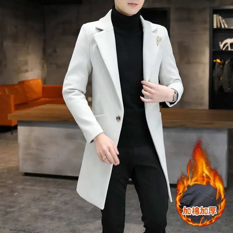 

White Elegant Gentleman Long Overcoats Mens Slim Fit Winter Warm Velvet Trench Coats Blue Fashion Long Jackets For Cold Black