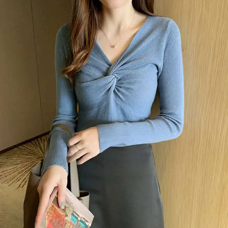 

2024 Women's All-match Knitwear Women's Long Sleeve V-neck Inside To Wear Outside The Top Slim T-shirt Base Shirt Sweater Women
