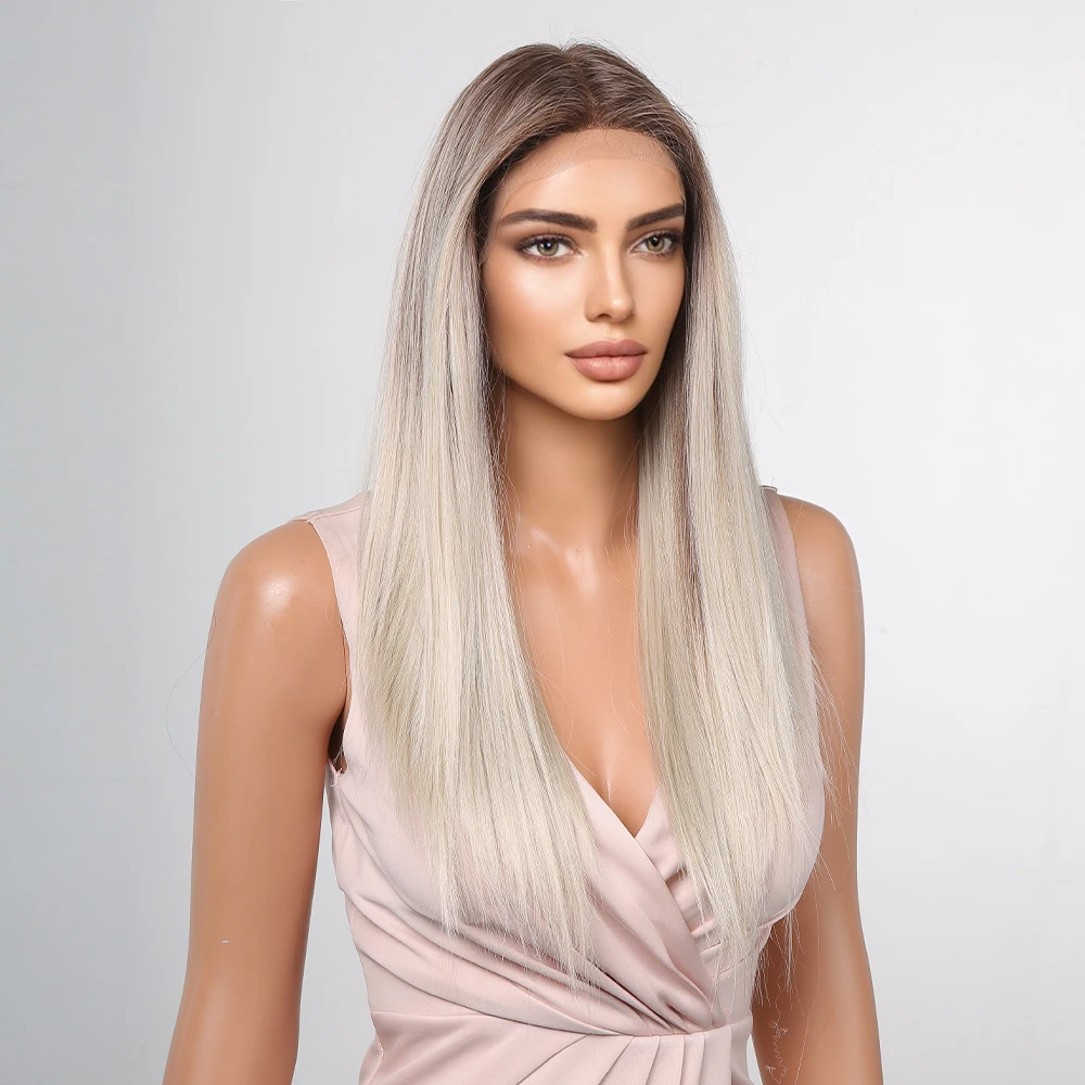 Lace Front Synthetic Wigs Long Straight Ombre Blonde Lace Hair Wig for Women Daily Cosplay Party Natural Heat Resistant Fake Wig
