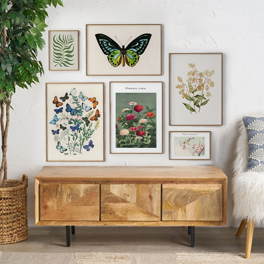 Gallery Wall Art Canvas Painting Eclectic Botanical Butterfly Floral