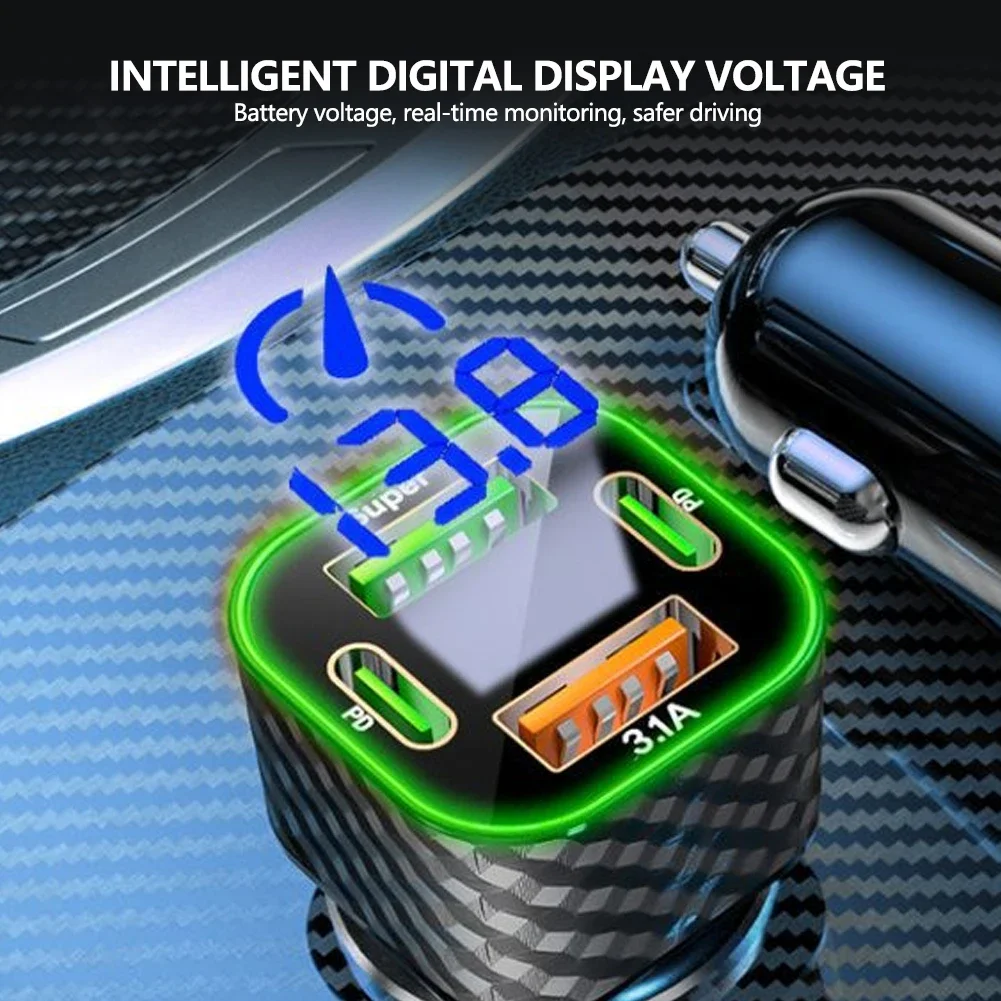 Caricatore per telefono da auto 4 in 1 per iPhone Xiaomi Oppo Vivo Samsung USB C Dual PD con display di tensione Adattatore di ricarica super veloce da 380 W - Image 6