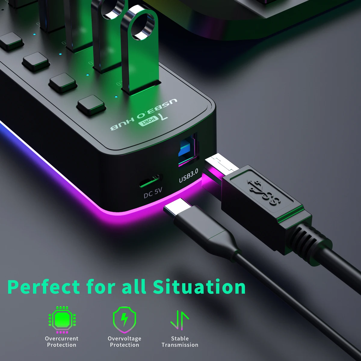 RGB USB 3.0 Hub 7 Ports Data Port Adapter 5Gbps Individual On/Off Switch Splitter Gaming USB Hub For Laptop PC Computer Accessor — view 2