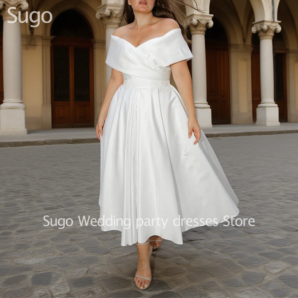 Customized Simple Midi Wedding Dresses White Off Shoulder Tea-Length A-Line Brides Dress Vintage Women Vestidos De Novias 2025