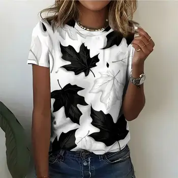 Maple Leaf T-Shirts Floral Abstract Face 3D Print Women Round Neck Short Sleeve T Shirt Tees Harajuku Y2K Tops Female Clothing