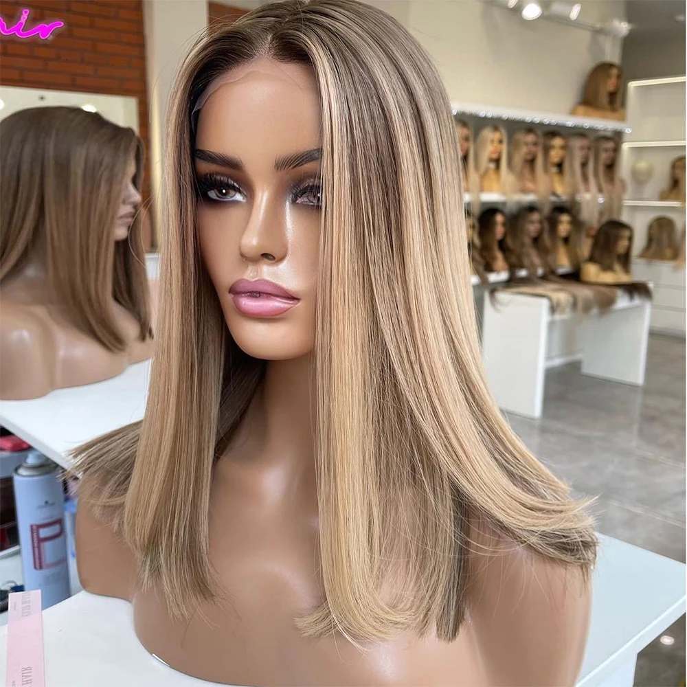 

Brown Blonde Balayage Straight Short Bob Wig HD 13x4 Lace Frontal Wig for Women Virgin Human Hair Transparent Lace Wig 150%