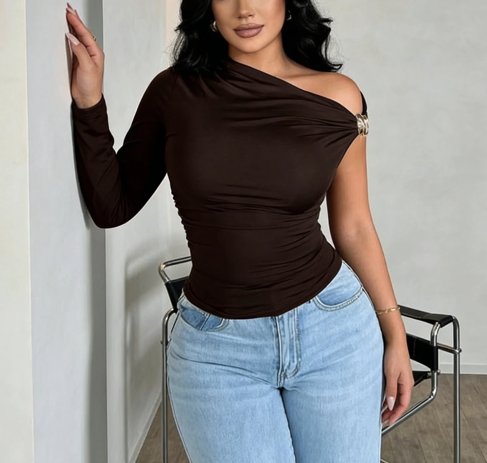 Women's Brown One Shoulder Top Single Long Sleeve Metal Buckle Detail Slim Fit Sexy Elegant Spring Summer Party Date Blouse Top 5