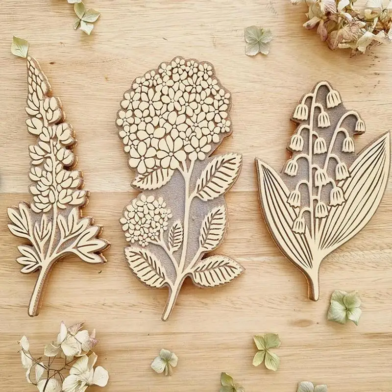 Botanical self ink stamps Vintage Wood Plant Stamp 3pcs Retro Plant Floral Seal Clear Pattern Stamps For Stationery Handbook Card Making