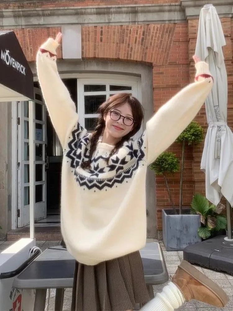 

Свободный вязаный свитер, Женский утепленный Рождественский мягкий пуловер в стиле ретро на осень и зиму, короткий свитер с круглым вырезом, Топ