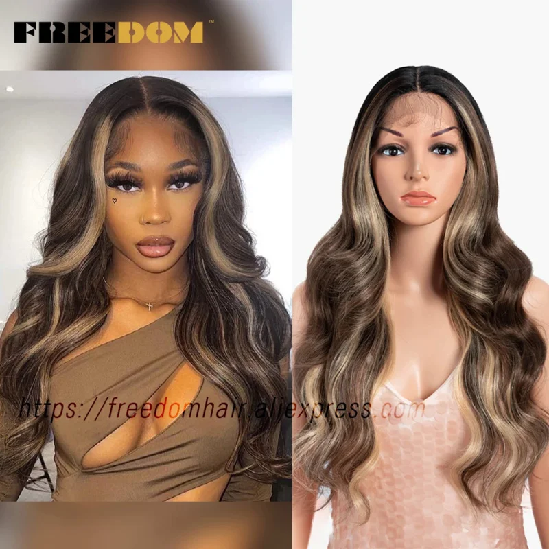 

13X4 Synthetic Front Body Wave Ombre Blonde Brown Ginger Lace For Black Women Heat Resistant Cosplay Wigs
