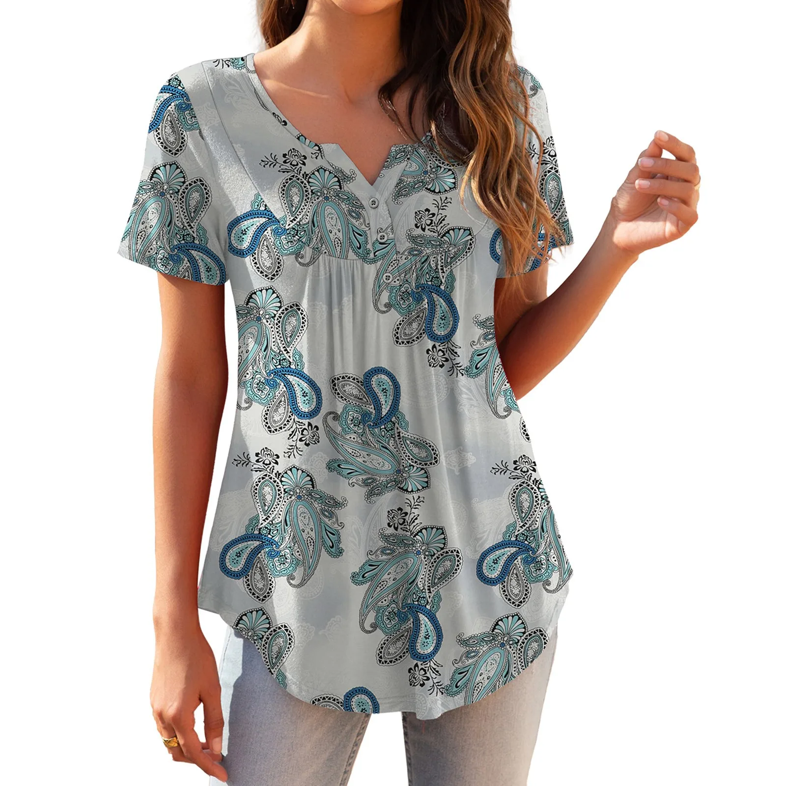 

Women's Vintage Paisley Print Button T Shirts Casual V Neck Short Sleeved Tees Loose Tunic Tops Daily Wear Female Clothes