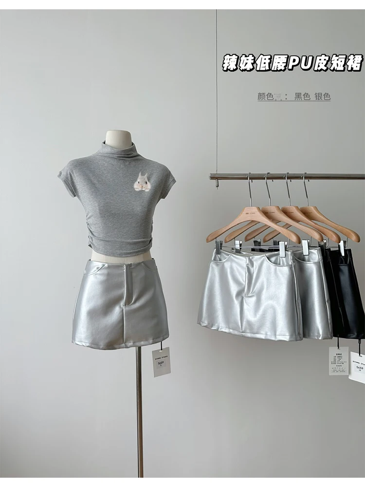 

Women's Silver Skirt Y2k Elegant Streetwear A-Line Mini Skirt Harajuku Korean Vintage 90s High Waist Punk Skirts 2000s Clothes