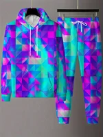 Abstrait couleur bloc 3D sweat à capuche imprimé costume hommes sweats à capuche pantalons de survêtement mode deux pièces survêtement ensemble homme vêtements 5