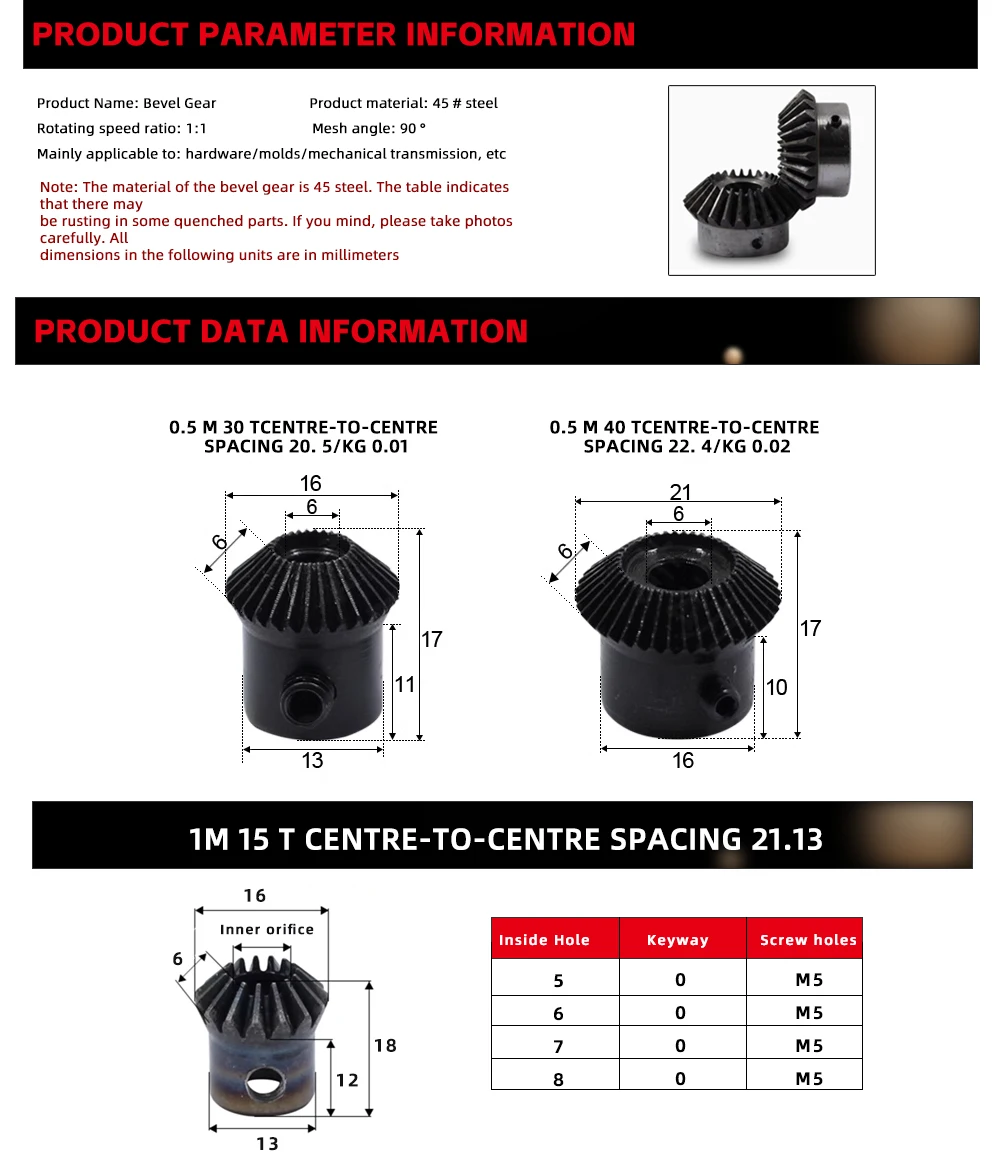 Description Picture 6 of item2pcs Bevel Gear 4M20Teeth Inner Hole  20/22/24/25/28/30/32/35/40 mm Gear 90 Degrees  Meshing Angle Steel Gears Screw Hole M5