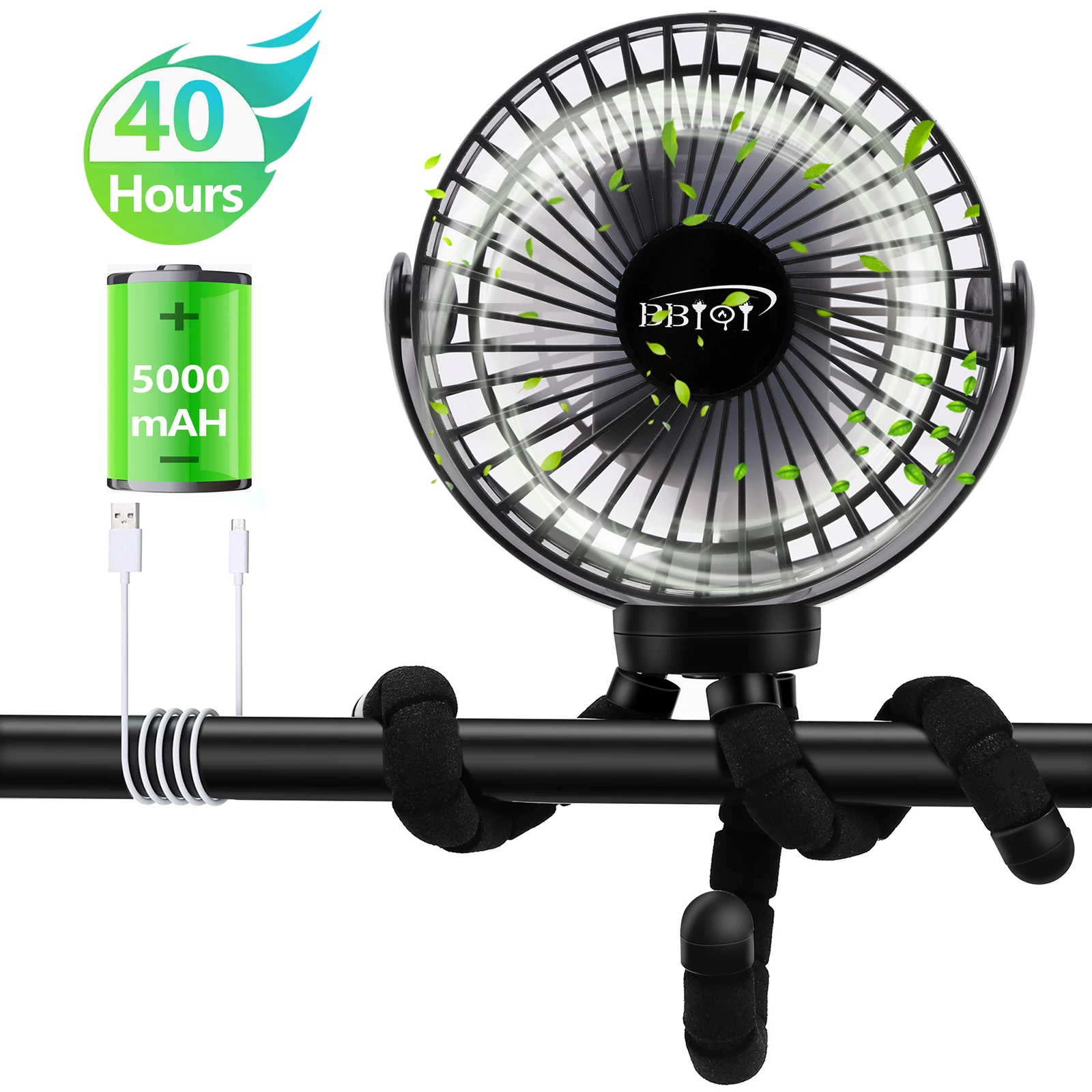Type-C Rechargeable Fan Light LED . 3 Speeds . Portable Tripod Floor Fan 2