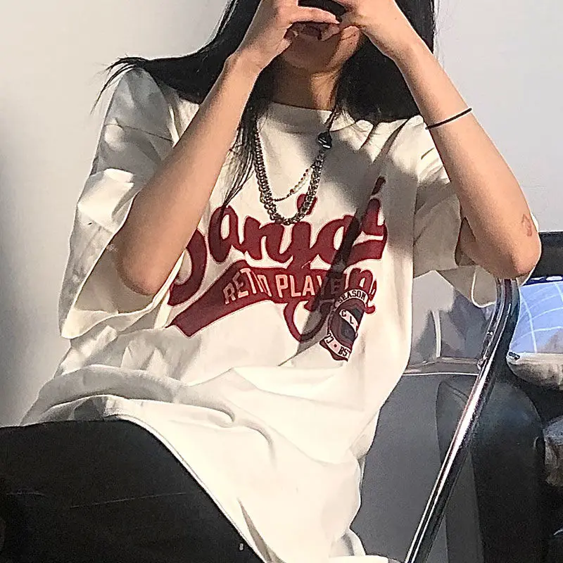 Women's Vintage White T Shirt Short Sleeve Harajuku Tees Streetwear Korean Top Oversized Loose Y2k Summer Fashion 6