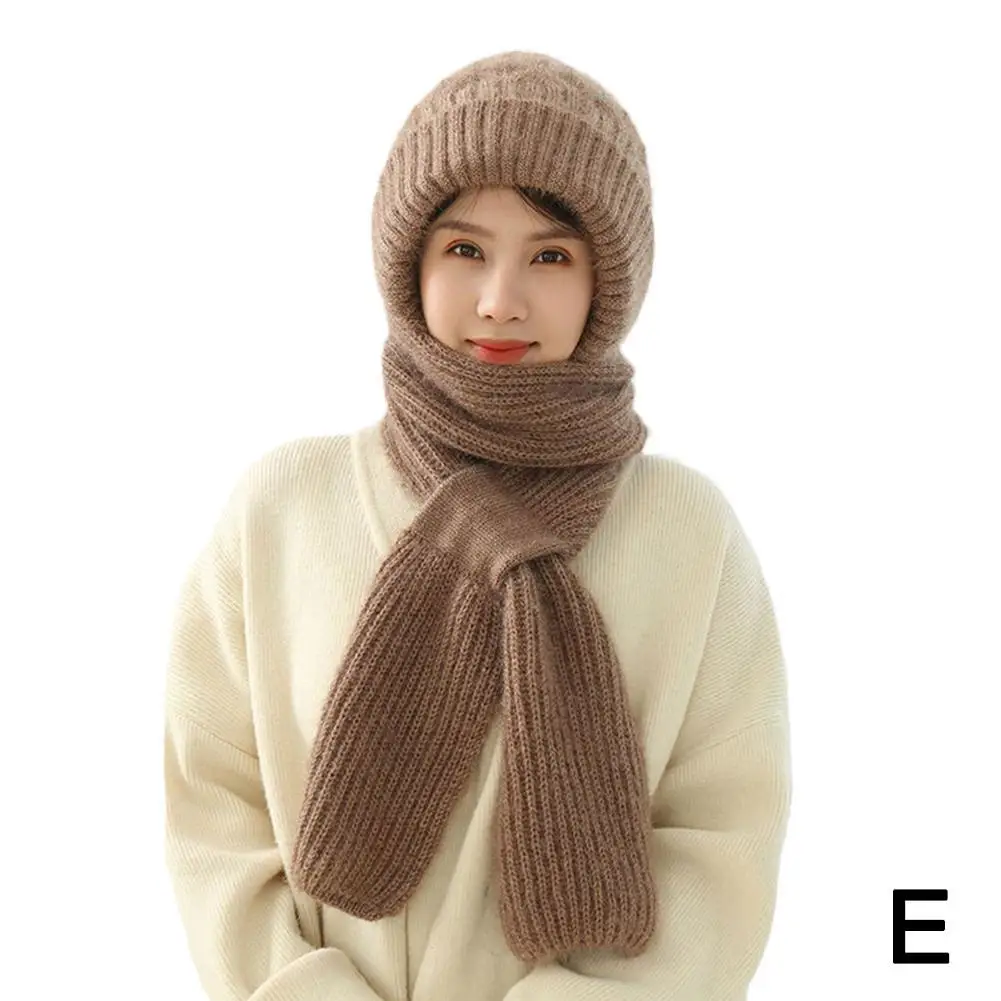 Winter Knitted Integrated Hat Thickened Knitted Skullies Hat Ear Protection Scarf Warm Beanies Cap Hooded Scarf For Outdoor Ski 4