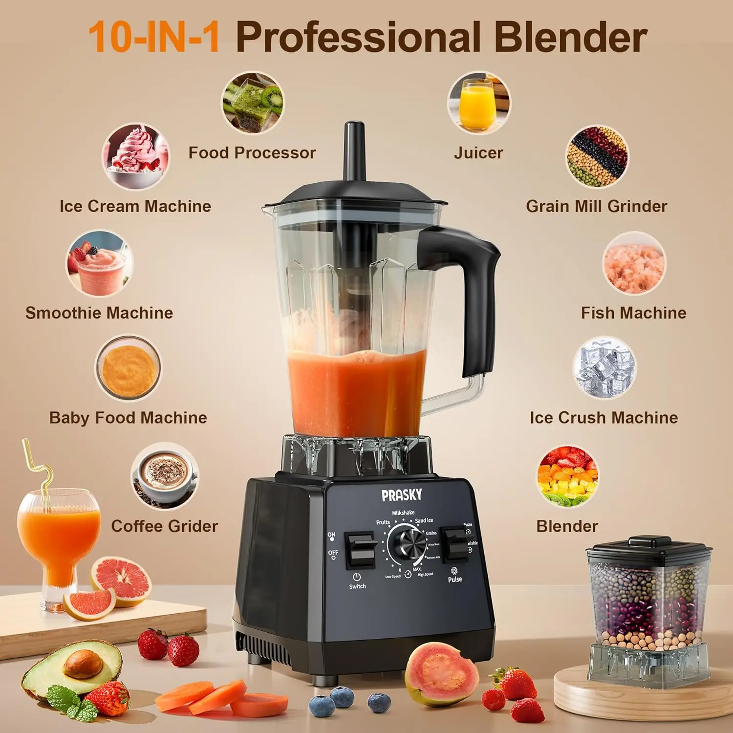Smoothies Blenders, PRASKY Max.2400Watts/1000Watts Blender and Grinder Combo 25000RPM Powerful Kitchen Blen 5