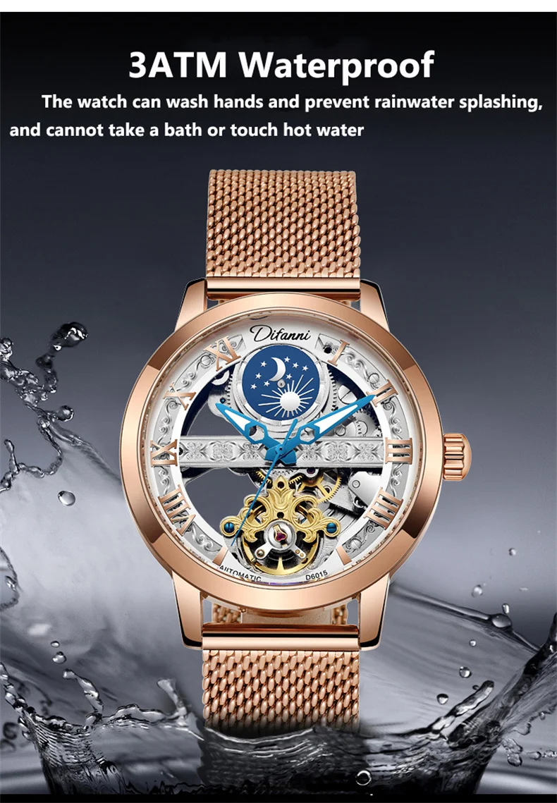 Tourbillon Moon Phase Wrist Luxury Hollow 3ATM Waterproof Stainless Steel Men Automatic Mechanical es es_voghion.com