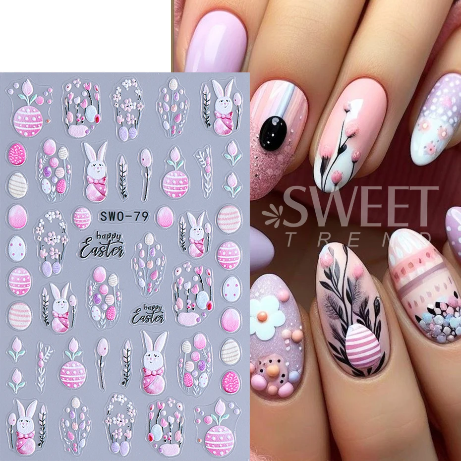 3D Easter Bunny Nail Art Stickers Decals 3D Cute Cartoon Egg Rabbit Flower Florals Adhesive Slider DIY Manicure Decoration Foils