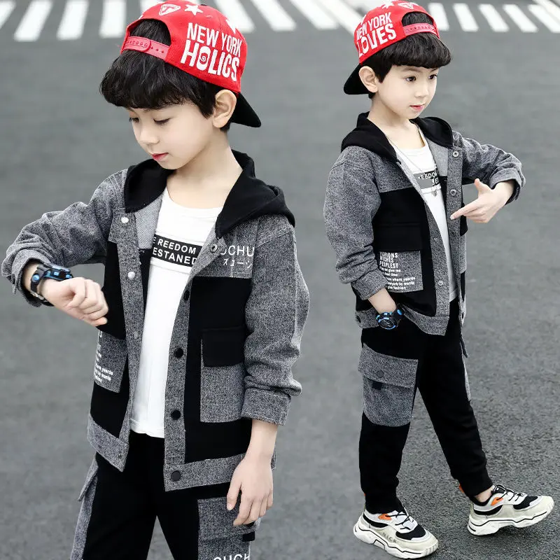 

Teenage Children's Autumn Suit 2022 New Male Baby Cartoon Spring And Autumn Hooded Long-sleeved Sweater Boys Fashion Denim Sets