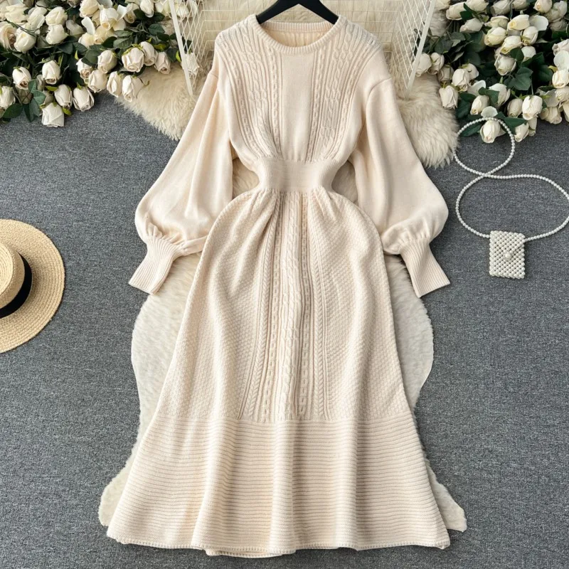 

Элегантные и шикарные женские Повседневные вязаные платья-трапеции с рукавами-фонариками, винтажное однотонное платье-свитер, женское Теплое Мягкое платье