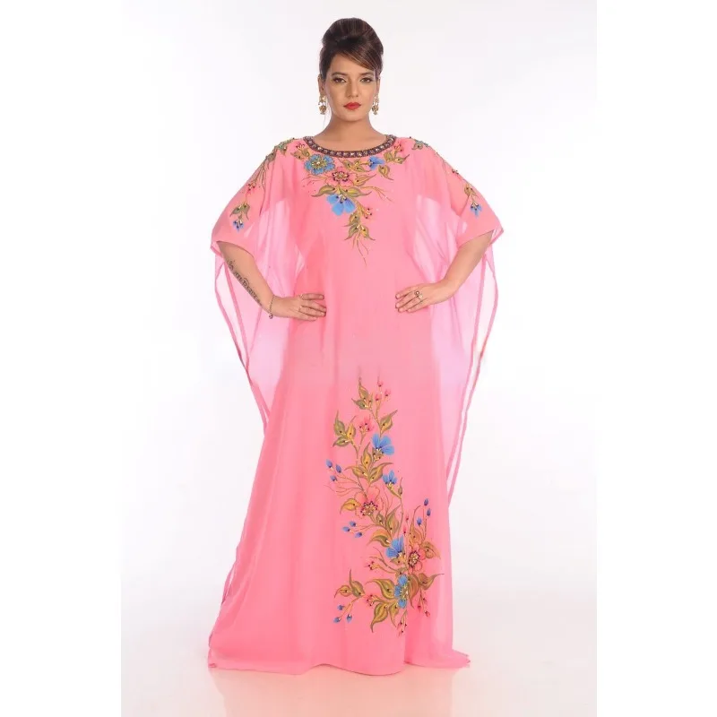 Elegant Pink Kaftan Bell Sleeve Floor Length Dubai Caftan Robe Handmade Luxury Beaded Decoration Dress