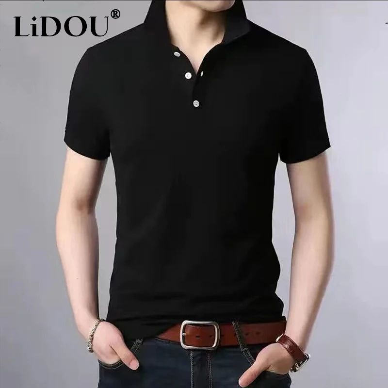 Summer Korean Fashion Business Casual Male T-shirts Sports Chic Polo Shirt Solid Color Short-sleeve All Match Top Men Pullover