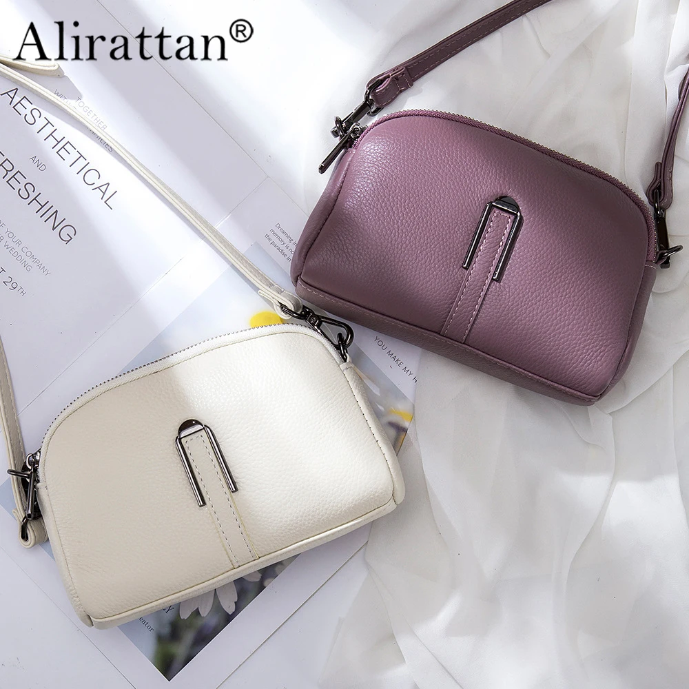 

Alirattan Genuine Leather 2024 New Casual Shoulder Bag With Double Zipper Crossbody Bag Top Layer Cowhide Small Square Bag