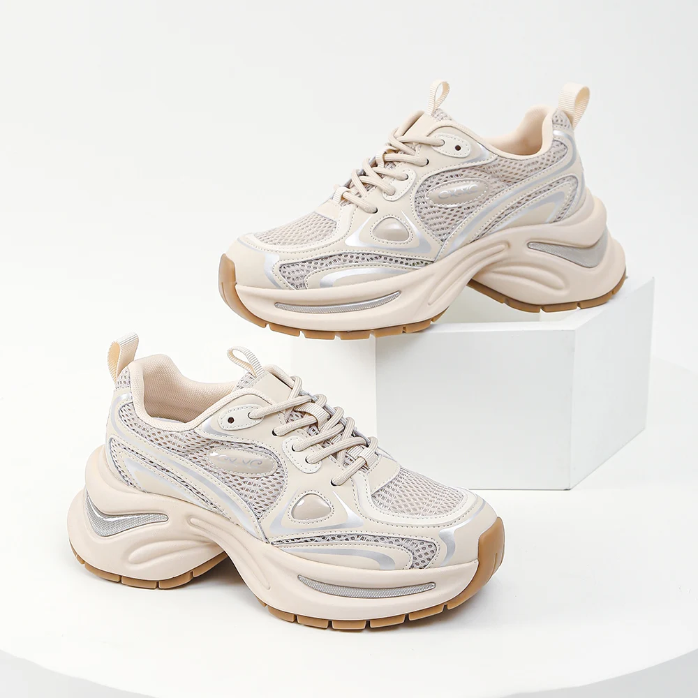 SOMILISS Womens Chunky Shoes Microfiber Leather Mesh Patchwork Lace Up Spring Summer Casual Fashion Non Slip Platform Sneaker